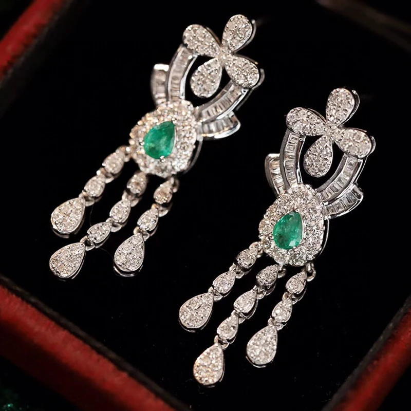 Aazuo Fine Jewelry 18K Pure White Gold Natural Emerald Real Diamond Long Drop Earrings gifted for Women Engagement Wedding Party