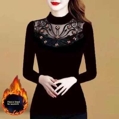 Thickened Fleece Long Sleeve Women's T-shirt Lace under Shirt Korean Style Commute Fashion plus Size Cotton Blend Base Shirt
