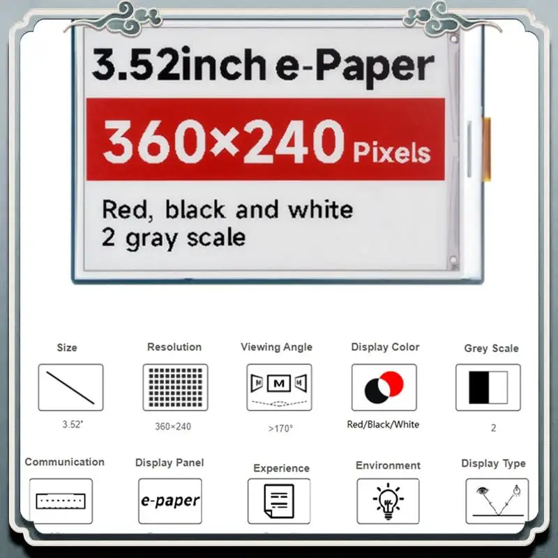 Premium 3.52Inch E-Paper HAT, 360 X 240, SPI Interface Ideal For Price Tags, Shelf Labels, Iindustrial Instruments