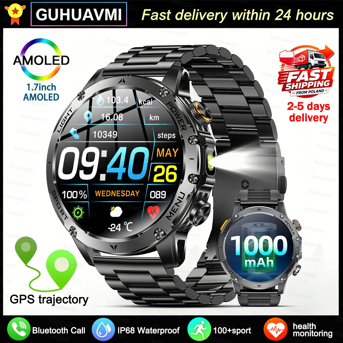 Horloge intelligente haut de gamme en plein air 1000mah 1.7 "haute définition grand écran 100+ sport BT appel à la boussole de la lampe de poche Fitcloudpro IP68 SOS smartwatch fitness tracker Android iOS