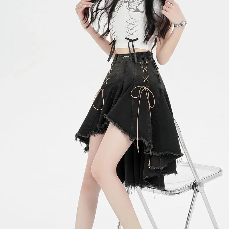 

Kpop Harajuku Retro Irregular Pleated Ruffled A-line Denim Skirt for Women Autumn Hot Girl Punk High Waist Slim Casual Skirts