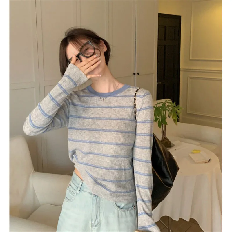 

Contrast Color Striped Long Sleeve Knitshirts Women Autumn New O-neck Bottoming Tops Simple Female Thin Pullover Sweater