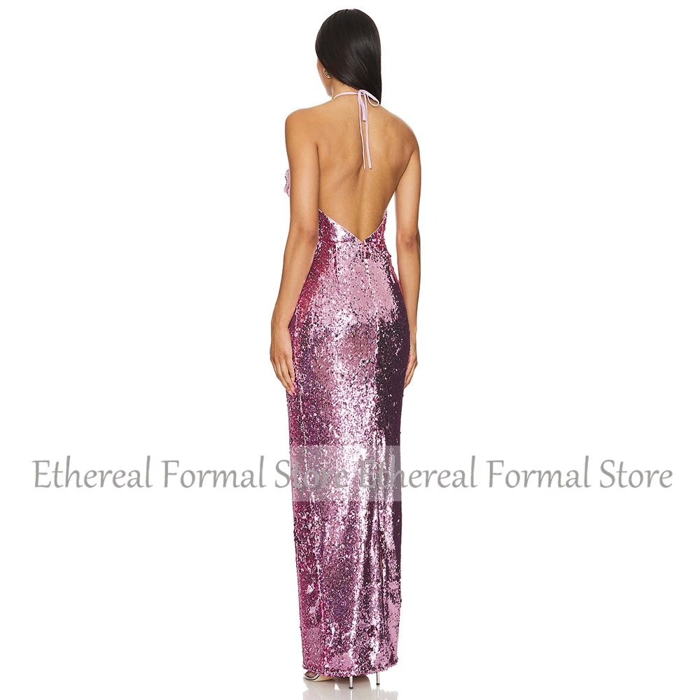 キラキラライラックスパンコール女性のイブニングドレスホルター花イブニングドレスマーメイドフロアレングスロングフォーマルトランペットパーティードレス