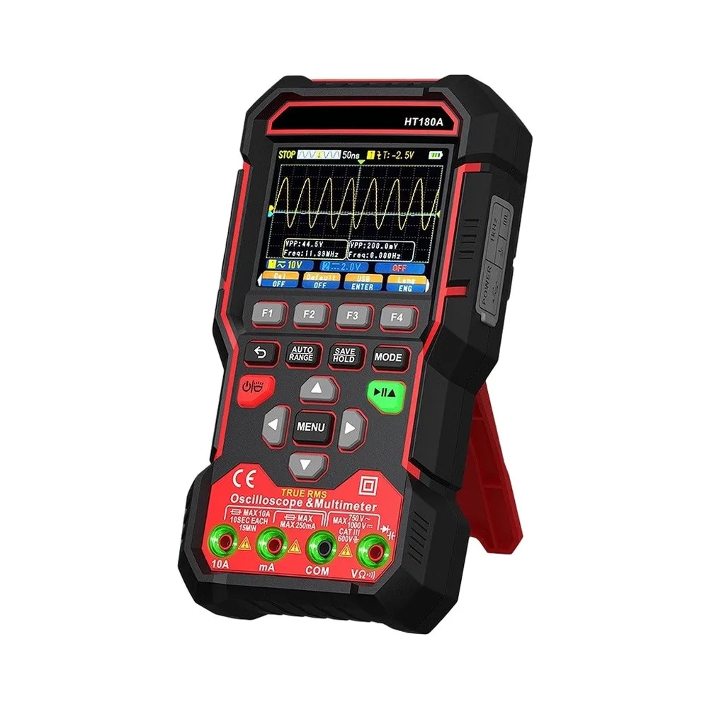 HT180A Dual-Channel Oscilloscope with 50 MHz Bandwidth 20 mV/div to 10 V/div Sensitivity and Built-in 5 MHz Sine Wave Generator