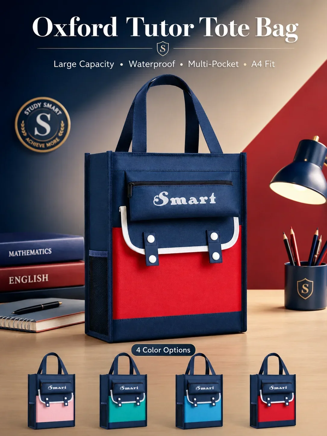 Oxford Cloth British Colorblock Study Bag, Handheld Waterproof Large Capacity Student Tutoring Carry Bag