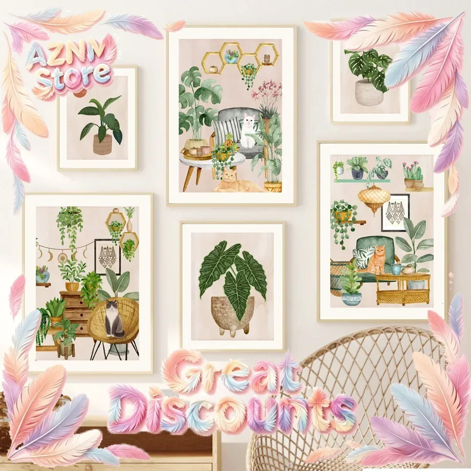2026Sun Monstera Leaves Plant Cat Boho Art Canvas Painting Botanical Posters And Prints Wall Pictures For Living Room De