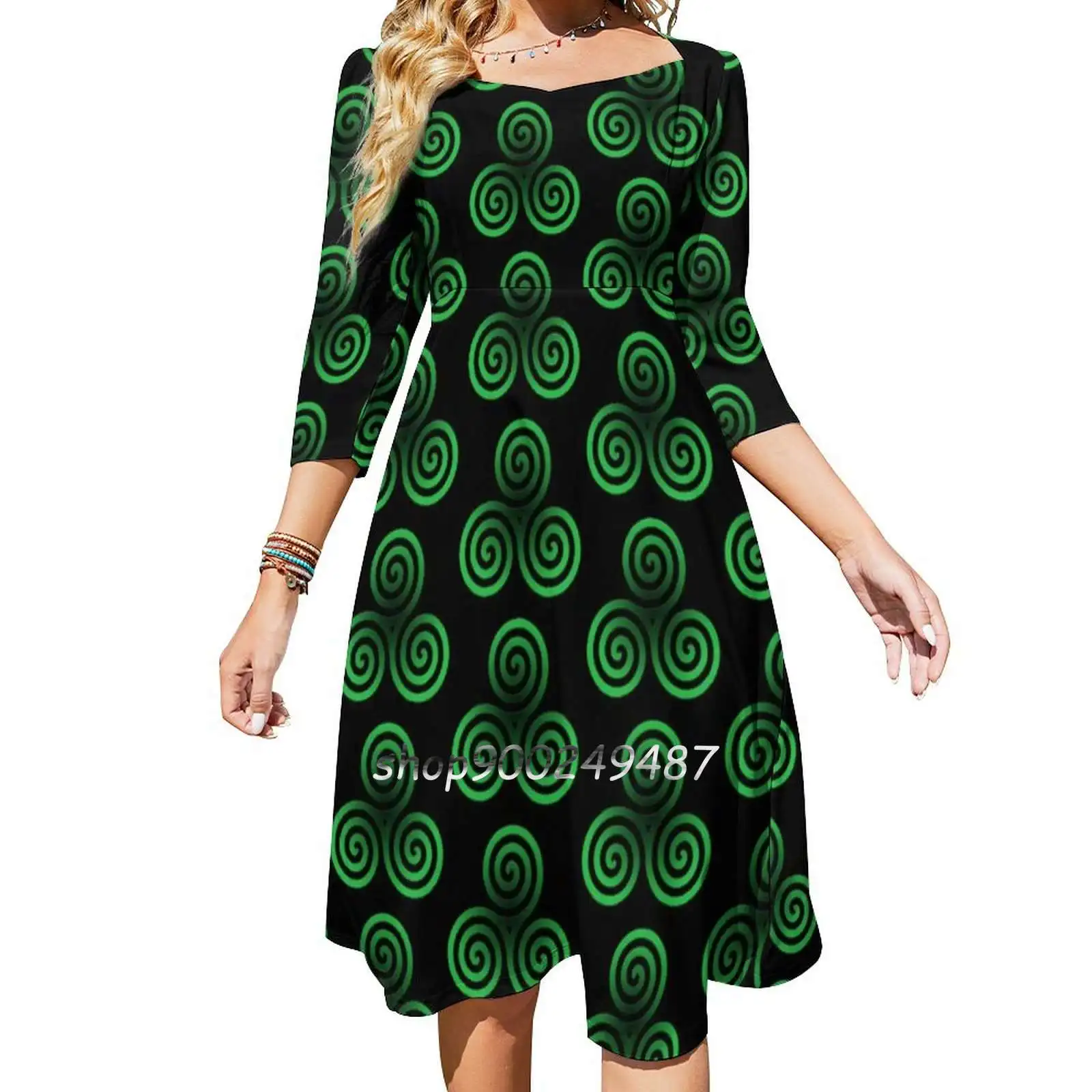 Green Triskele Square Neck Dress New Plus Size Elegant Women Waist Tight Dress Celt Ireland Irish Triskele Triskelion St