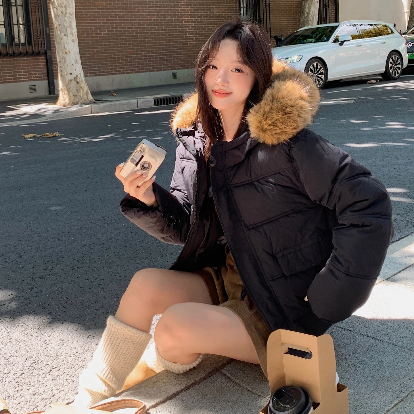 Piumino invernale con cappuccio da vacanza a maniche lunghe nero beige da donna kaki elegante giacca corta calda allentata monopetto semplicità