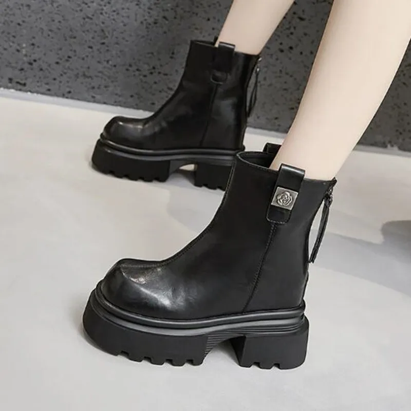 

10cm New Microfiber Leather Boots Winter Ankle High Booties Fashion ZIP Women Platform Wedge Autumn Chimney Plush Spring Shoes