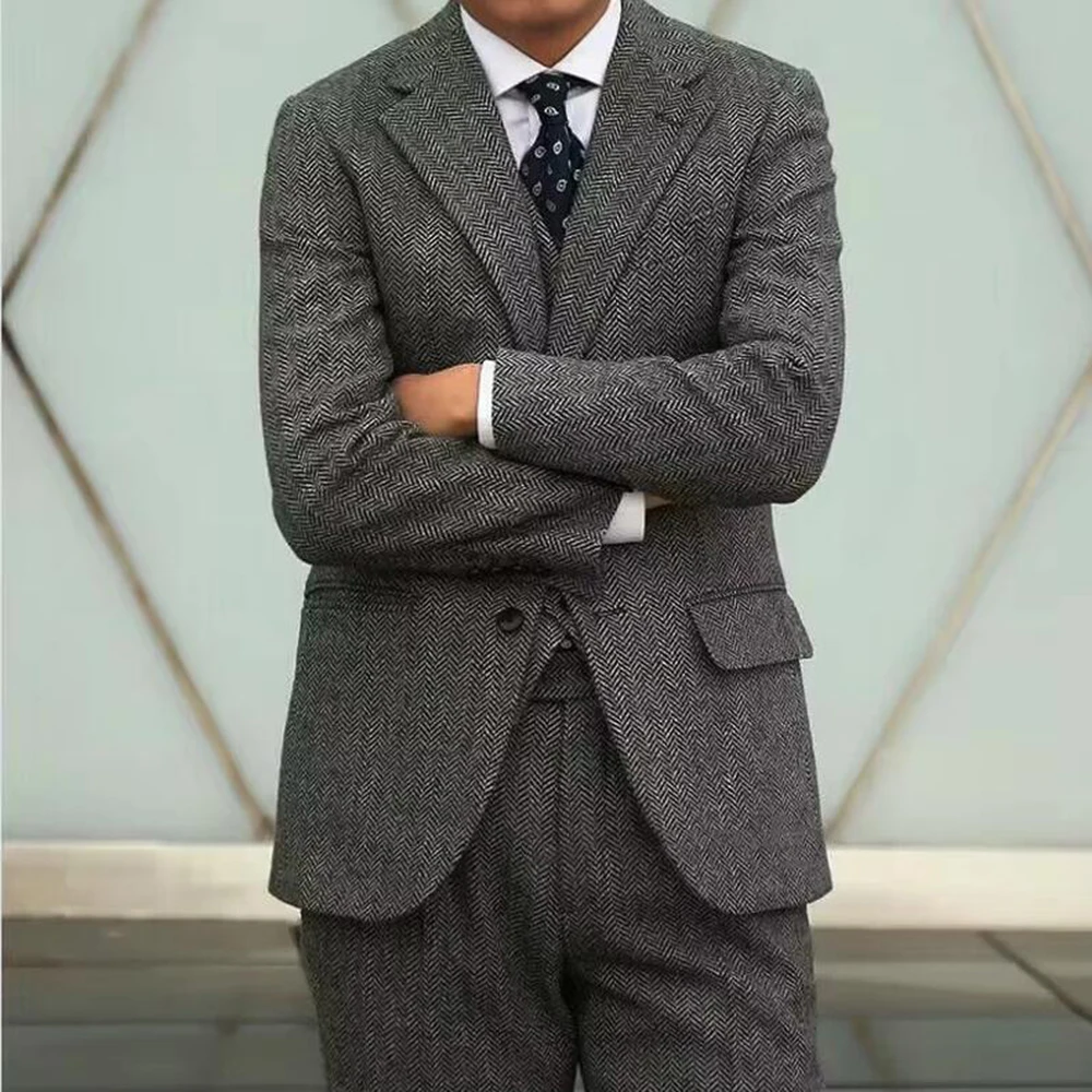 

Классические деловые костюмы для мужчин: твидовый пиджак, жилет и брюки в елочку, комплект из 3 предметов, мужская официальная одежда, смокинги на заказ, Ropa Hombre