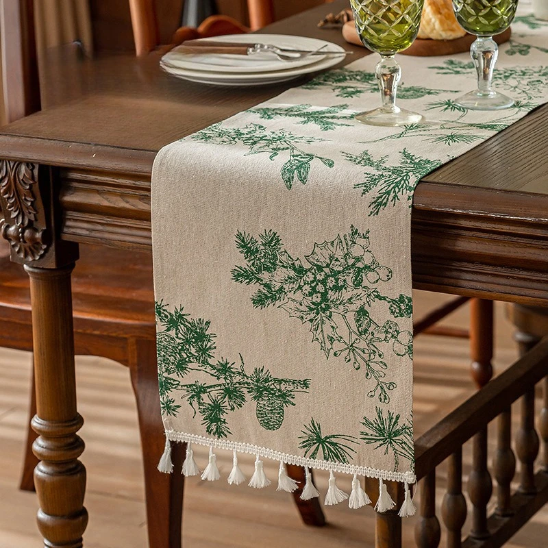 30X120cm Plant Printing Atmosphere Coffee Table TV Cabinet Long Cover Tablecloth Imitation Cotton and Linen Table Flag