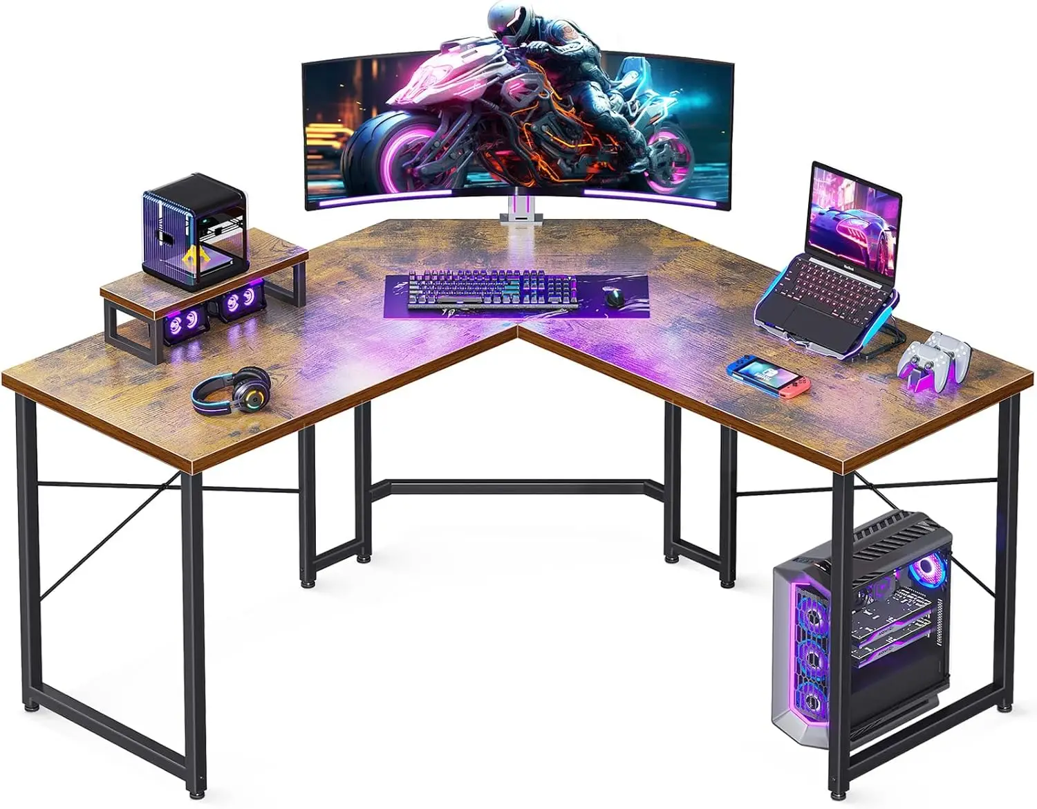 L Shaped Gaming Desk with Monitor Stand, Corner Desk Gaming Table for Home Office, Computer Desk Sturdy Writing Workstation