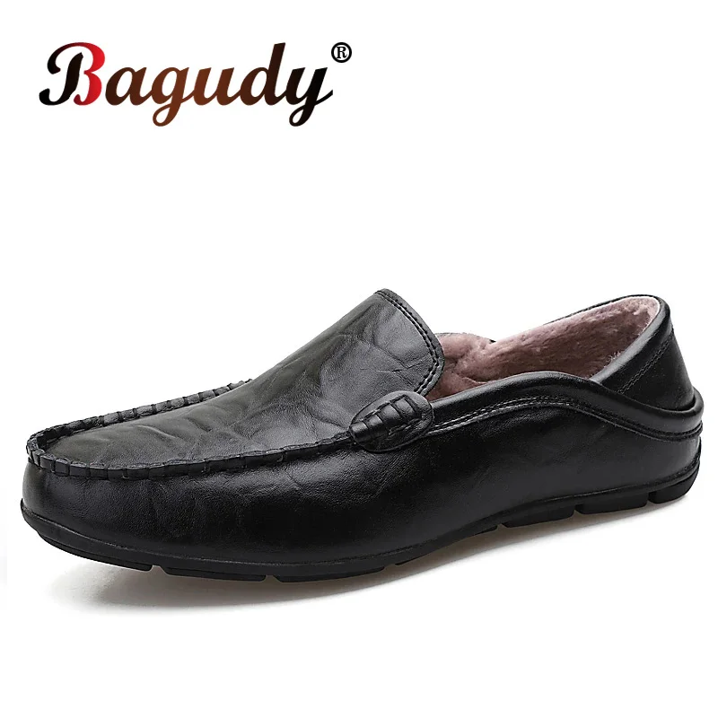 Mocasines planos de piel para hombre, zapatos informales a la moda, cálidos, sin cordones, para conducir, talla 37-47, Otoño e Invierno