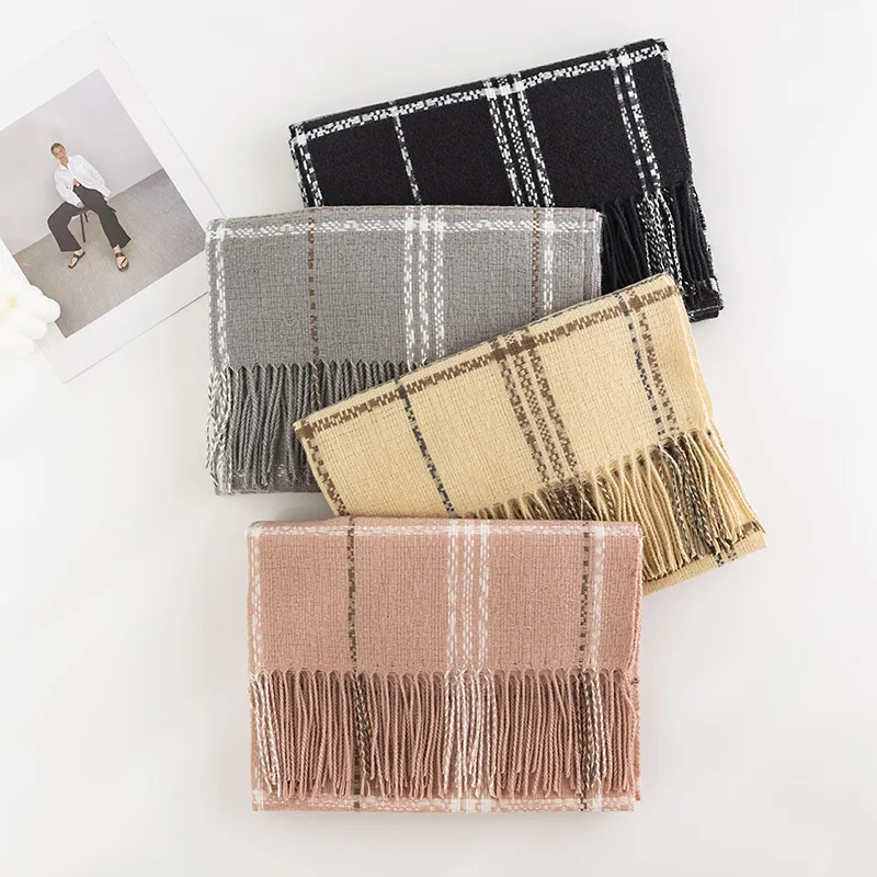 2026 Korean Lady Sweet Plaid Imitation Cashmere Fringed Scarf Girls Senior Sense Winter Versatile Thickened Scarf