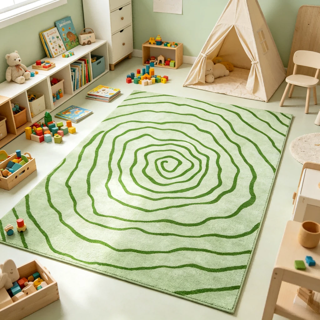 Large Living Room Rug Green Tree Ring Pattern Soft Bedroom Carpet Nonslip Playroom Floor Mat Modern INS Style Deco