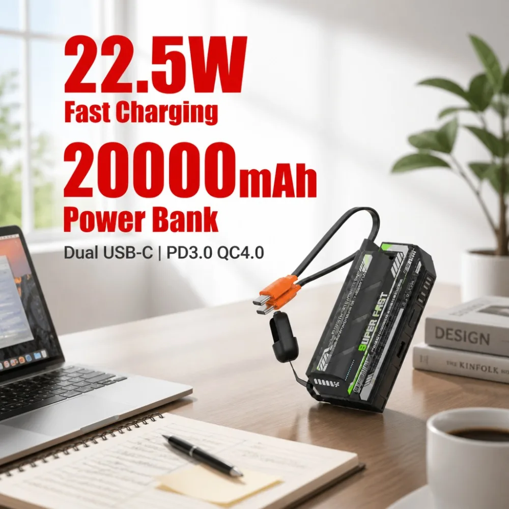 22.5W 20000mAh Power Bank Dual USB-C PD3.0 QC4.0 Fast Charger for iPhone 16/15 Pro Max Samsung S24/S23 Ultra Note20 Pixel iPad