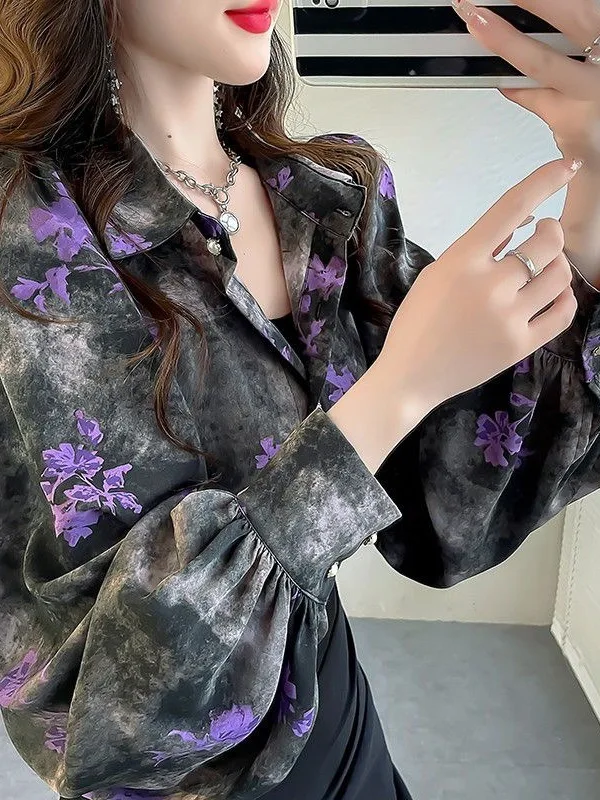 Retro Korean Style Women's Shirt Floral Print Turn-down Collar Slimming Lantern Sleeve Top Elegant Spring Autumn Fashion