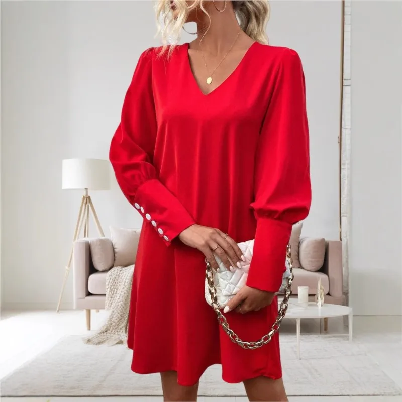 Red Women's Trendy Autumn Mini Dress Solid Color New Item V-neck Waist Cinched Long Sleeved With Buttons A-line Mini Dress 2024