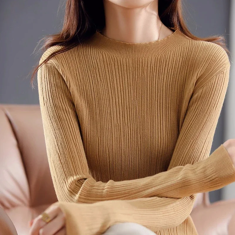 

Autumn Winter Fashion Long Sleeve Soft Pullovers Women's Pure Color Knitted Slim Fit Sweater Casual Versatile Base Layer Tops