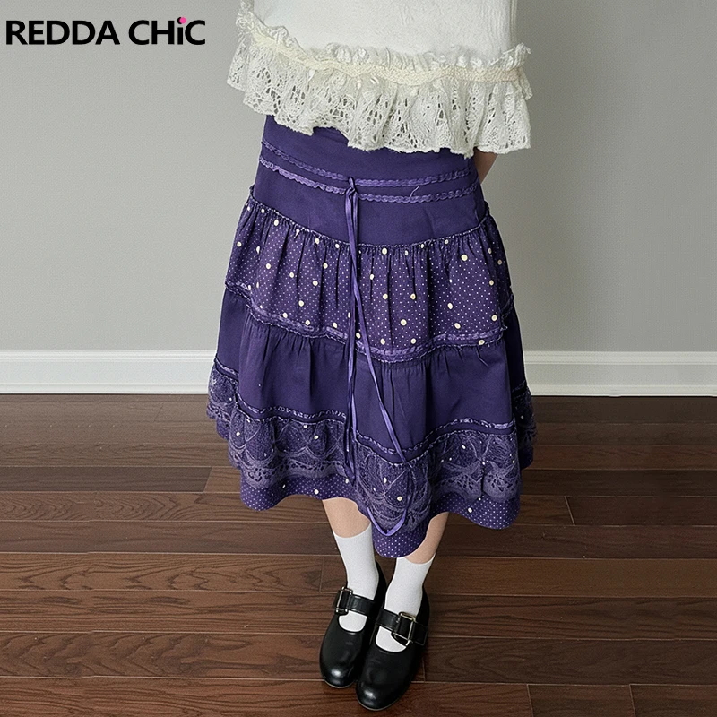

ReddaChic Винтажная юбка с рюшами и пэчворком для женщин, летняя, с лентами и горошком, на эластичной талии, миди, длинная, в богемном стиле, на каждый день