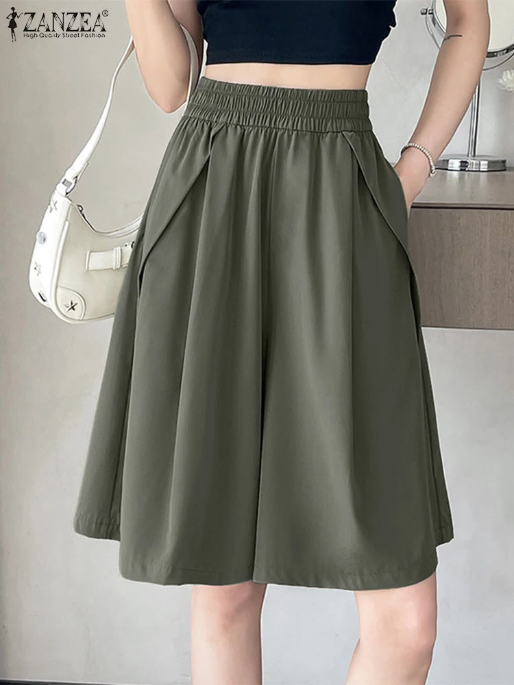 

ZANZEA Elastic Waist Shorts Casual Korean Style Pants Loose Solid Color Pockets Summer Bottoms 2025 Vintage Short Pants Oversize