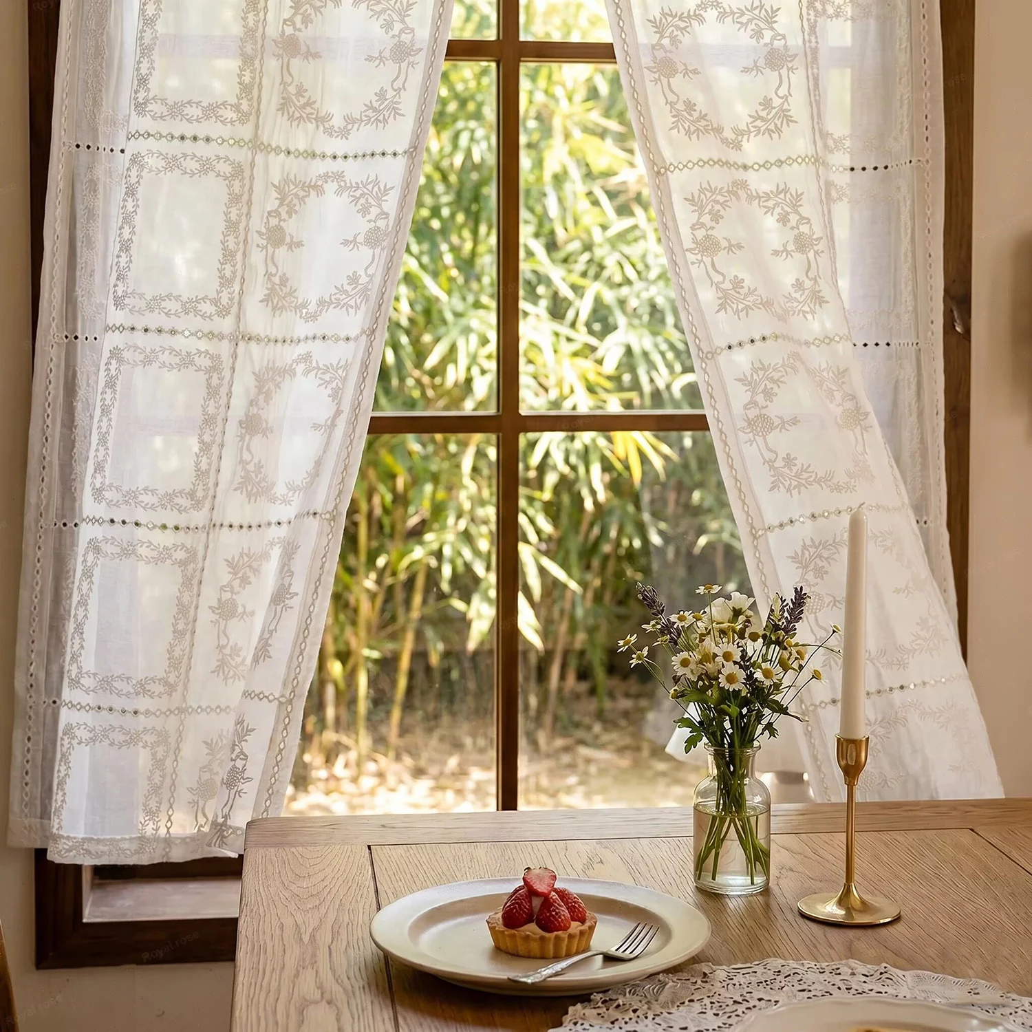 1PC French Retro Lace Floral Embroidery Tulle Curtains for Living Room, Kitchen, Balcony Semi-Transparent Window Drape