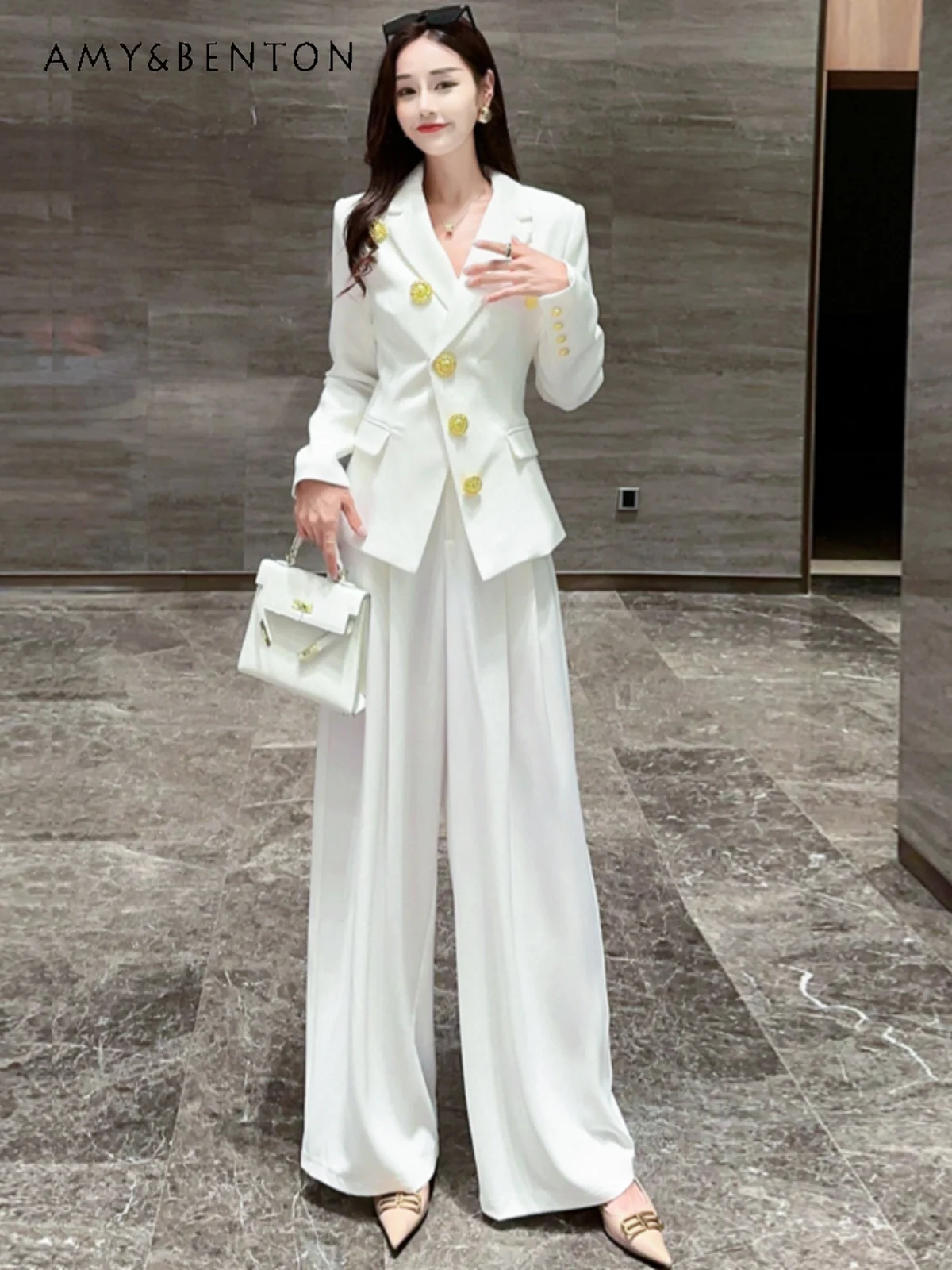 Commute Style Temperament Suit Women Spring Autumn European Goods High-Grade Heavy Industry Suit Wide-Leg Pants Two-Piece Sets