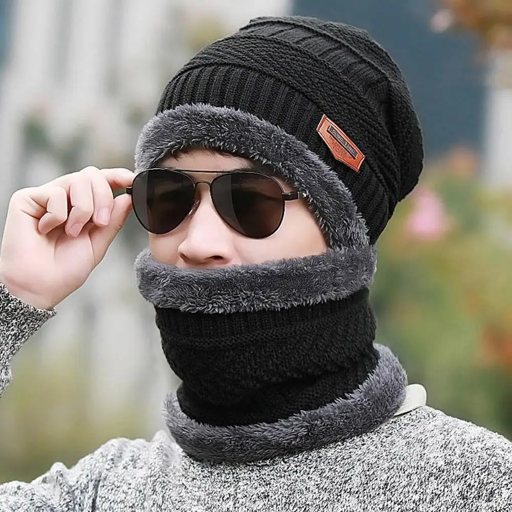 Gorro de inverno com lenços para homens, chapéu de malha, gorro feminino de lã grossa, cachecol de pescoço, balaclava, máscara, chapéus