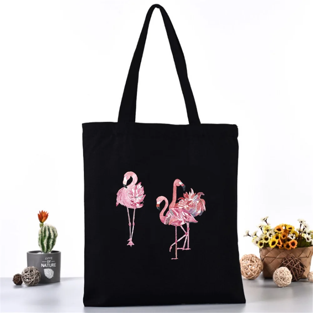 Women Shoulder Bag Canvas Bag Harajuku Shopping Bags 2020 New Fashion Casual Handbags Grocery Tote Girls Flamingo Printing