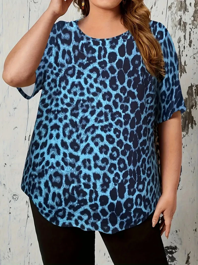 

Стильная футболка с круглым вырезом и леопардовым принтом-женская повседневная одежда с коротким рукавом-удобная, свободная посадка, S
