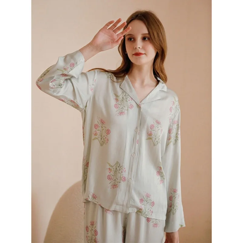 New Fashion Viscose Long Sleeve Floral Pajama Sets For Women Ankel-Length Pants Nightwear Spring Summer Comfortable Home Clothes