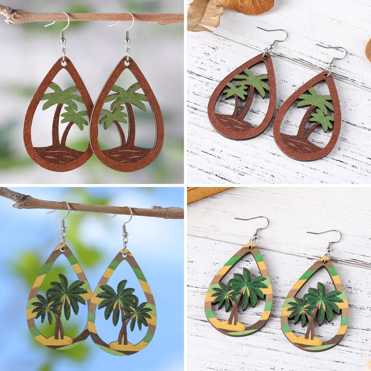European and American new Hawaiian wind tropical beach coconut tree pendant earrings double-sided wooden water drop