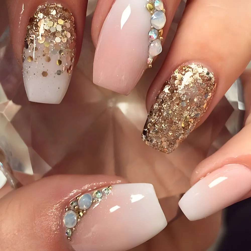 

24Pcs Long Square Press on Nails - Gold Glitter Stacked Rhinestones with Gold Sequins & Pink-White Gradient