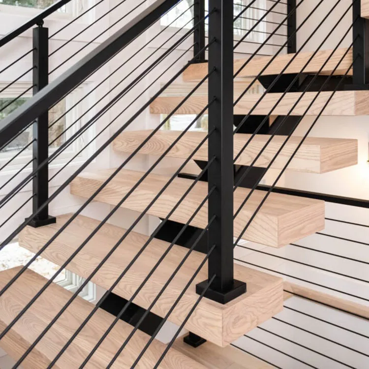 맞춤형 유럽식 고급 플로팅 계단 유리 및 나무 계단 LED 조명 실내 계단용 서스펜션 사다리