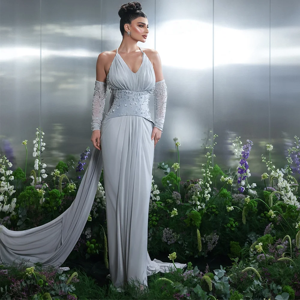 

Soft Blue Chiffon Evening Dress Customized Halter Detachable Sleeve Homecoming Dress Sparkly Crystal Zipper Back Celebrity Gowns