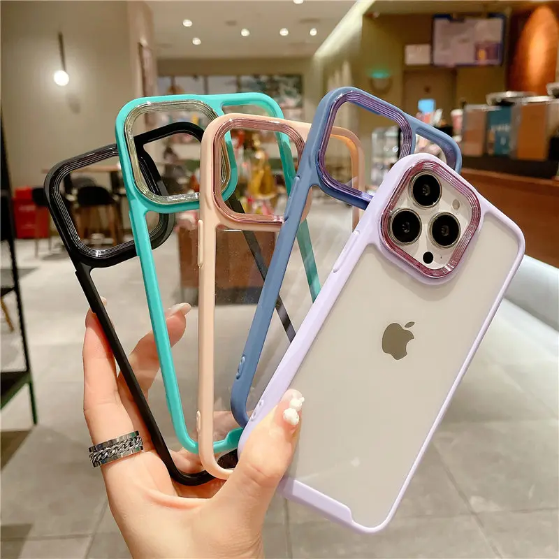 100 Candy Color Silicone Frame Clear Phone Case  For iPhone 13 12 11 Pro Max XR X 7 8 Plus XS Metal Camera Protection Hard Cover