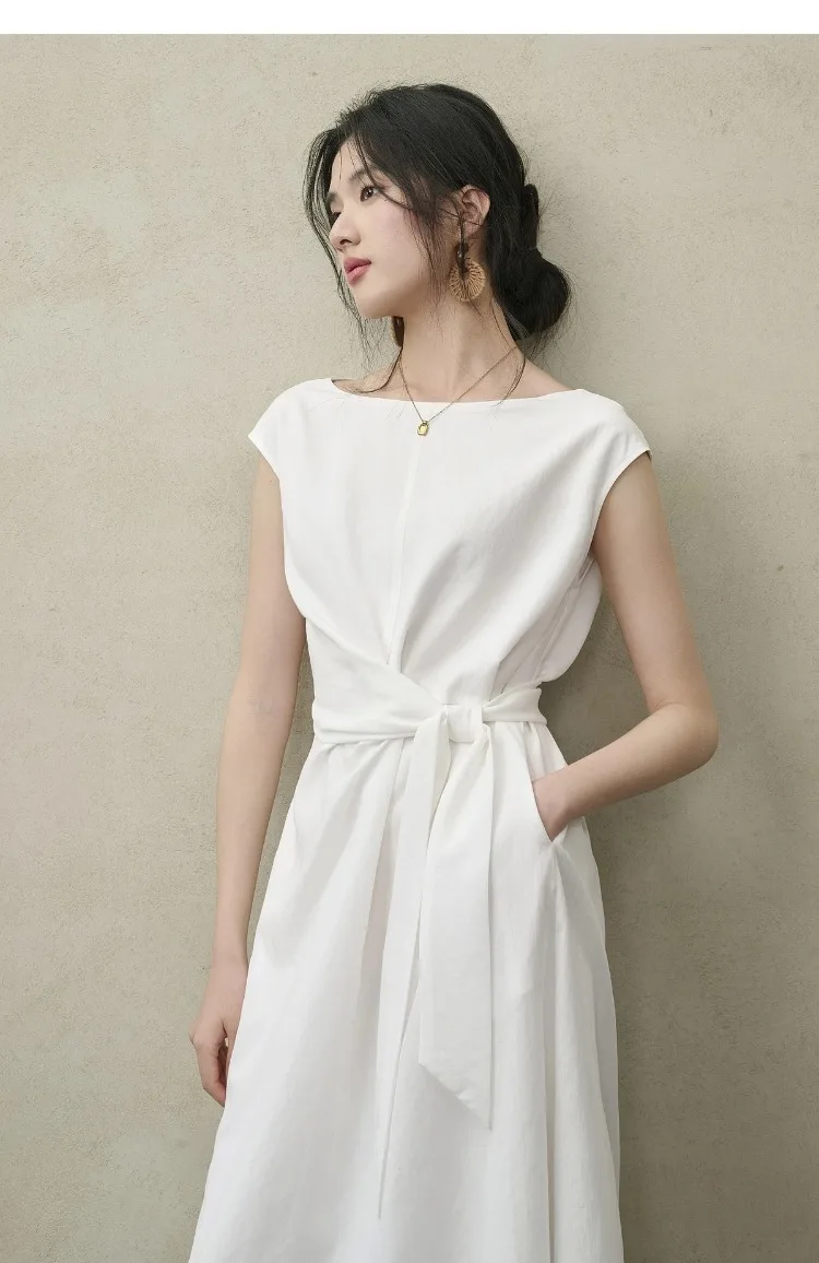 SENTUBILA Damen Weißes Freizeitkleid im A-Linien-Schnitt 2026 Neues Elegantes Bürokleid mit U-Ausschnitt, Taillenband und Raglan-Kurzärmeln 162LI6088 – Detail 23