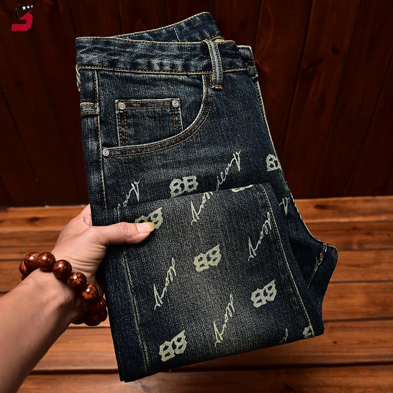 Autumn and winter light luxury printed jeans MEN\'S slim fit skinny elastic trend fashionable retro blue denim trove