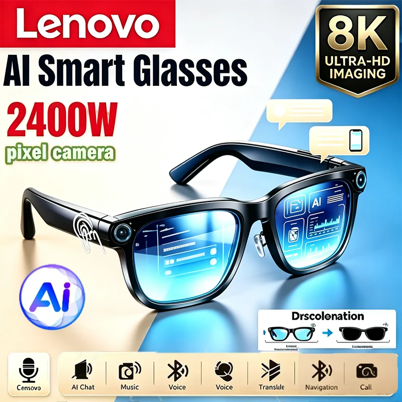 Lenovo 2026 New Wireless Bluetooth AI Smart Glasses Remote Control 2400MP Photo Call Music Sports Sunglasses Men Women Leisure