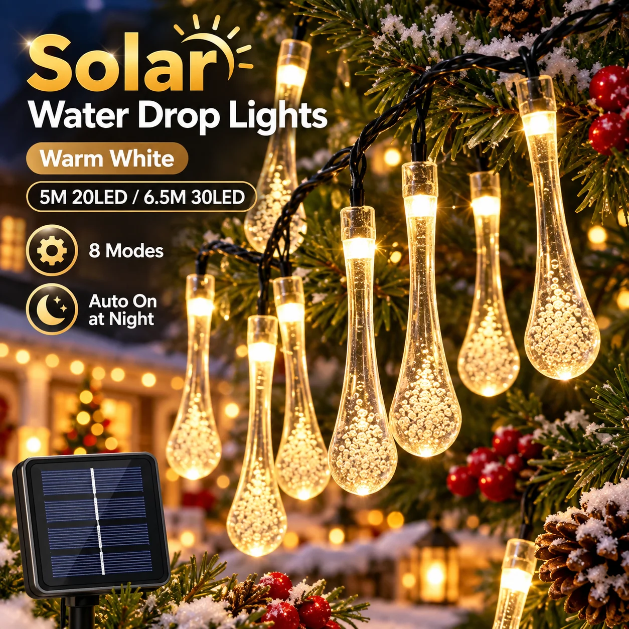 Guirlandes Solaires En Forme De Goutte D'eau, 5M 20LED 7M 50LED, Violet Multicolore, Blanc Chaud, DéCoration De Jardin, Patio, NoëL-image
