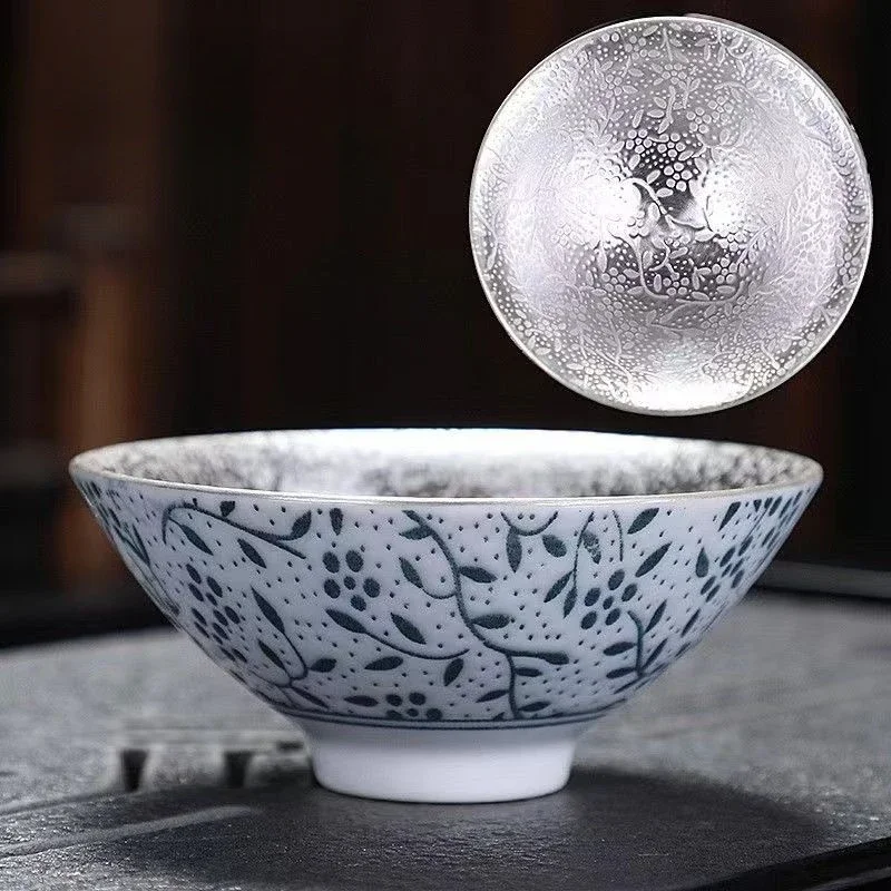 Creative 999 Sterling Silver Master Cup Ceramic Teacups Office Small Tea Bowl Household Handmade Chinese Kung Fu Drinkware
