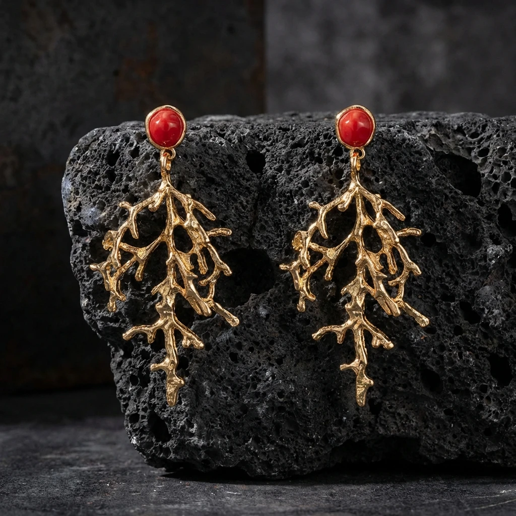 Boho Goldfarbene Korallenzweig-Ohrringe für Frauen Elegante 3D-Strukturierte Rote Akzente Hängeohrringe Sommer Künstlerischer Schmuck Geschenk – Detail 11