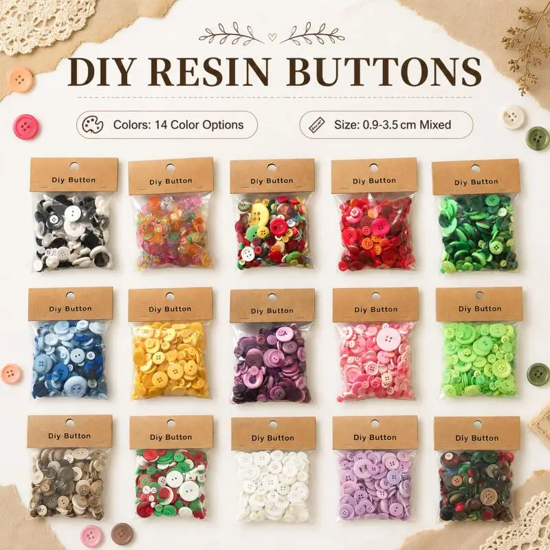 150g/Packung Gemischte Farben Runde Harzknöpfe 0,9-3,5cm 2/4 Löcher für DIY Nähen Handgemachtes Zubehör – Detail 1