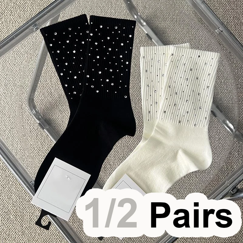 1/2 Paar doppelseitige Strass-Mittelrohrsocken für Damen, modischer koreanischer Stil, weich, bequem, für alle Jahreszeiten, lässige Baumwollsocken