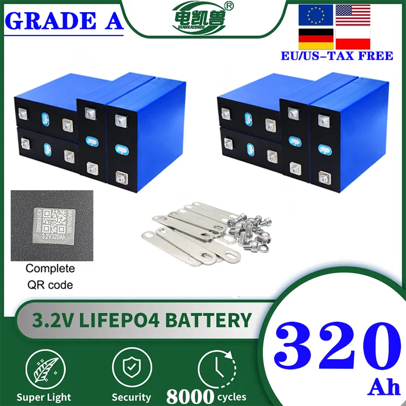 6~64pcs A-Grade tax-free 8000 cycle LiFePO4 3.2V rechargeable battery, suitable for DIY 12V 24V 48V solar communication systems