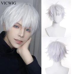 VICWIG Men Short Wig Synthetic Straight White Blonde Black Anime Cosplay Heat Resistant Hair Wig for Daily Party