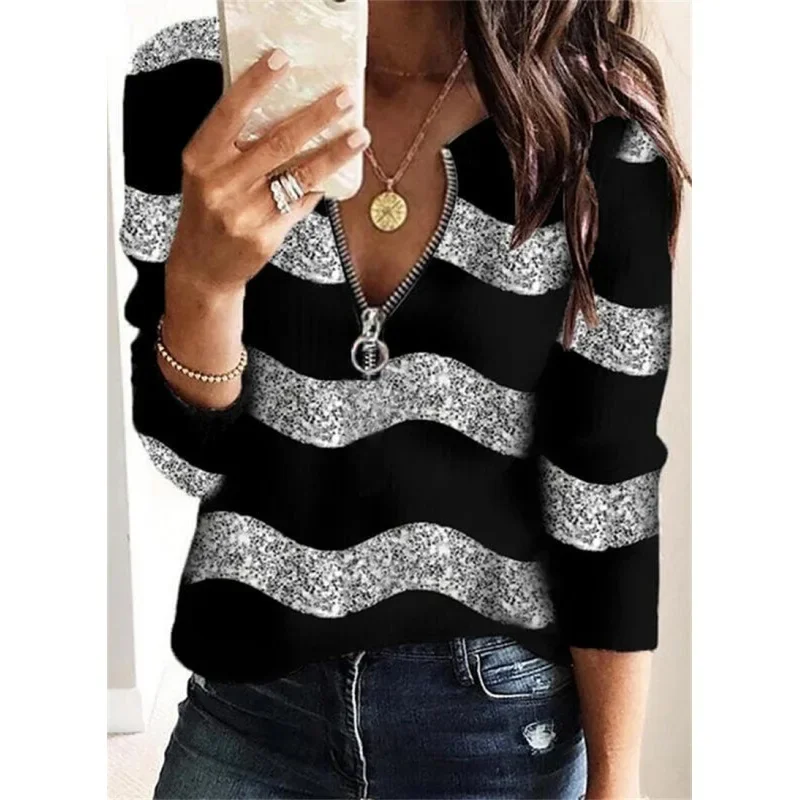 Outono zíper com decote em v manga longa impressão casual topo camisa feminina moda blusas soltas e topos feminino