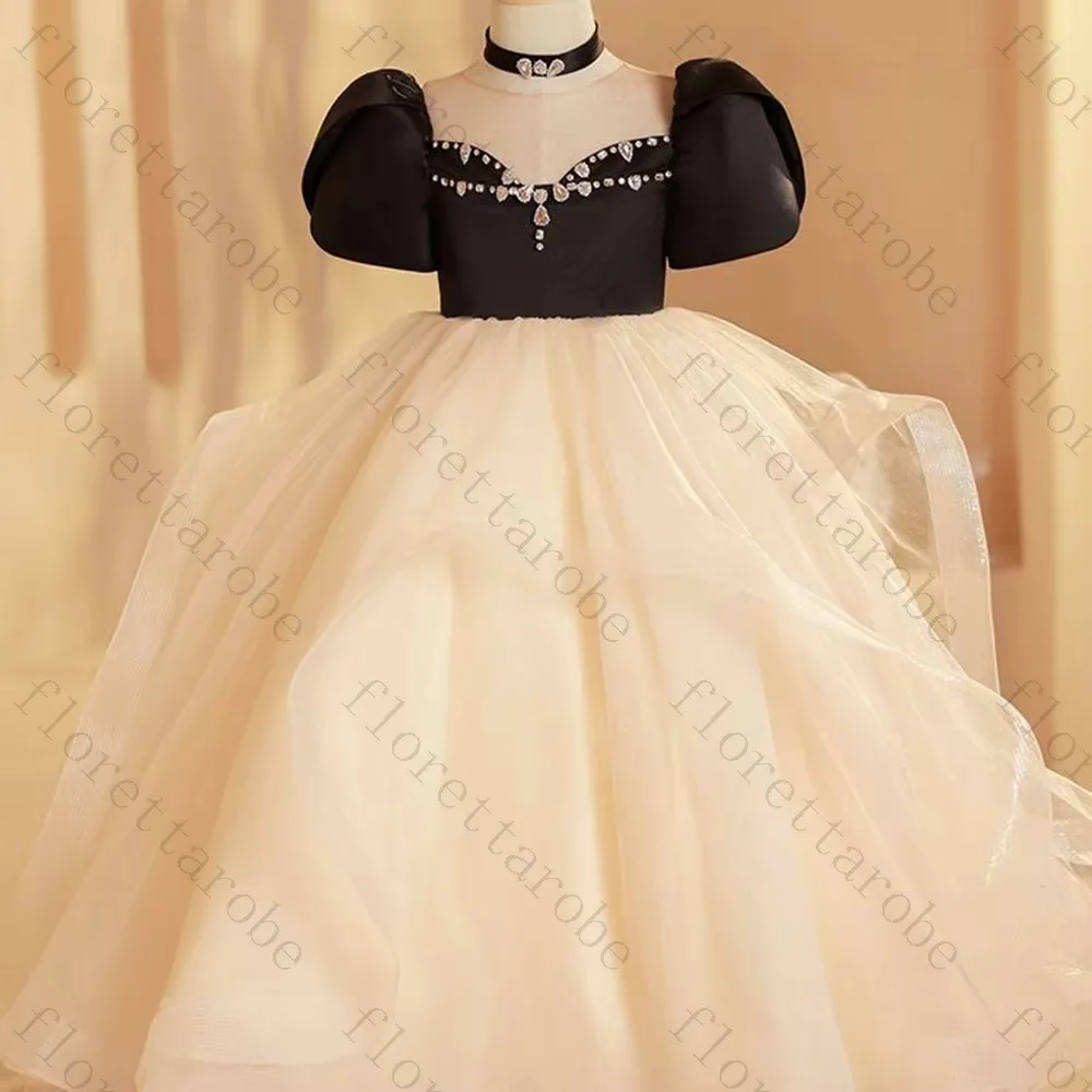 Customized 3D Flower Puffy Lace Bridesmaid Dress Flower Girl Dress Wrinkle Kids Wedding Party Crystal Evening Dress Prom Gown