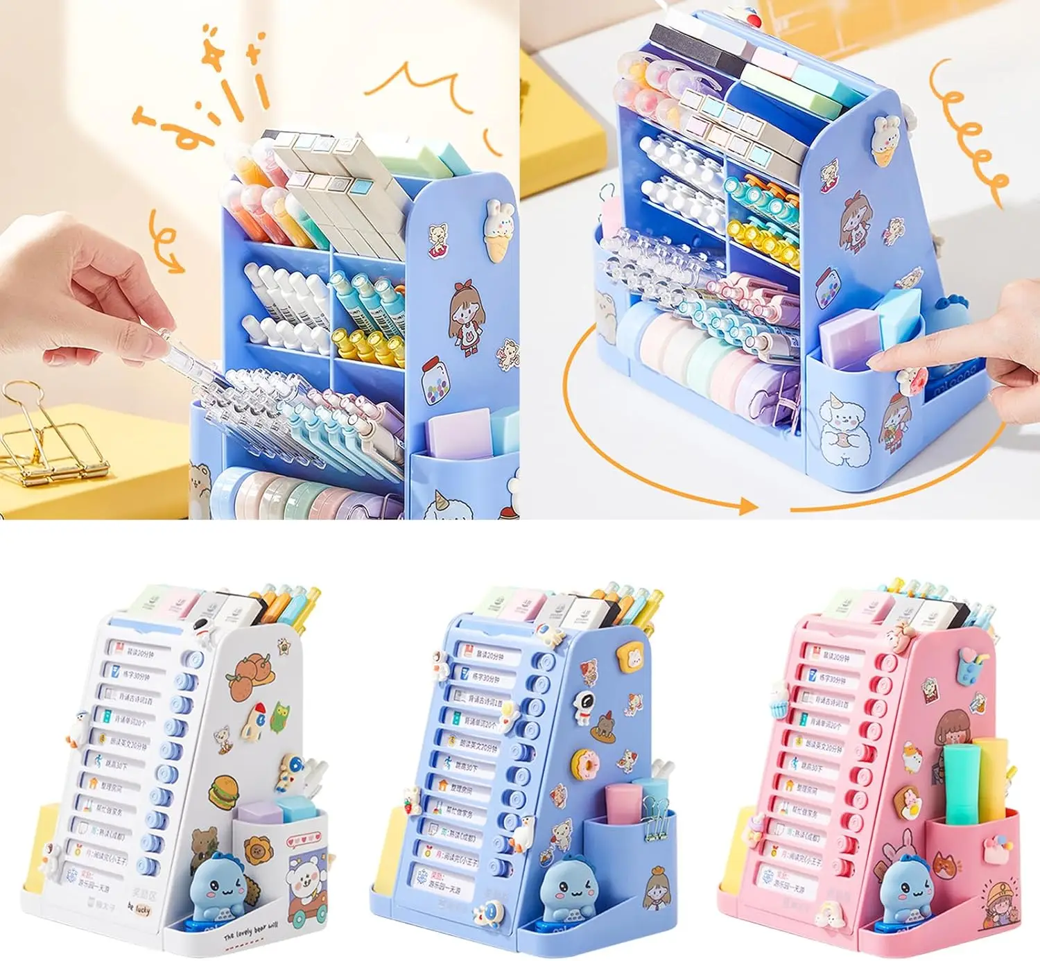 2 in 1 Rotatable Pen Holder and Chore Chart for Kid Do List Checklist Board Large Capacity Stationery Storage Box Desk Organizer