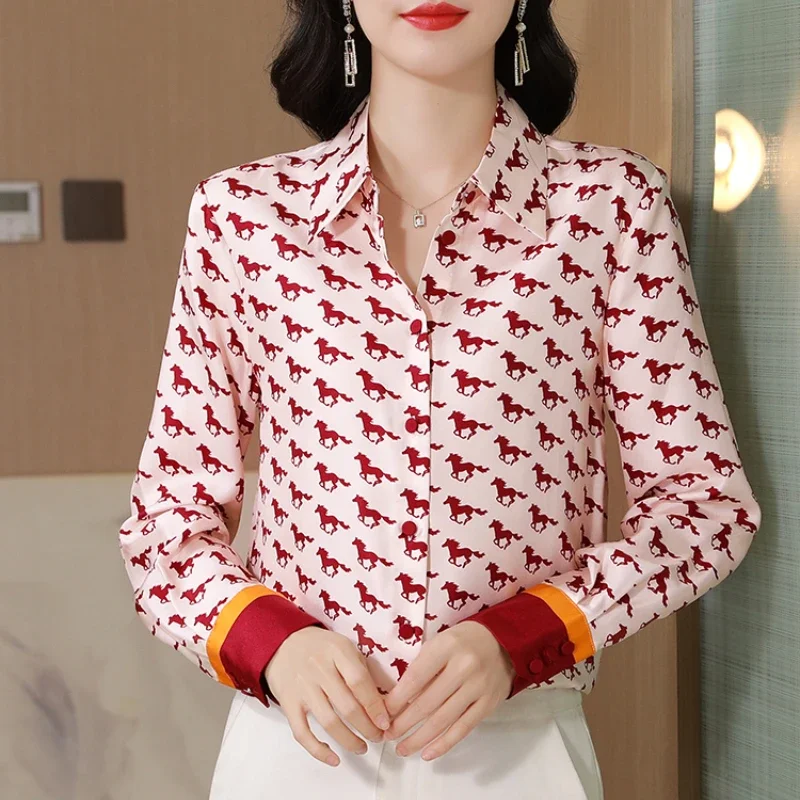 2024 New Elegant Women Blouse Turn-Down Collar Printed Women Shirt  Fashion Color Block Twill Long Sleeve Straight Top for Women